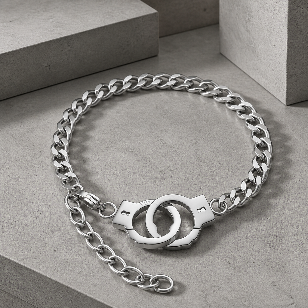 Bracelet chaîne acier homme finition argentée, maille gourmette et fermoir menotte