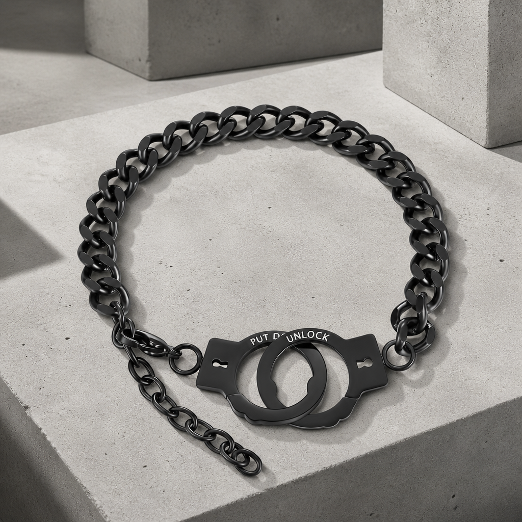Bracelet chaîne acier homme finition noire, maille gourmette et fermoir menotte