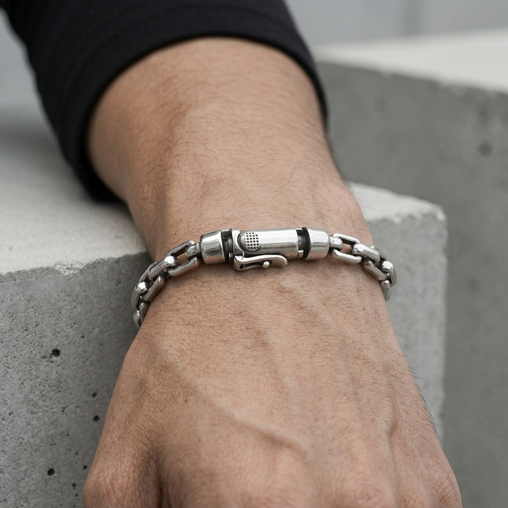 Bracelet chaîne argent homme porté au poignet, fermoir tourné vers l'extérieur