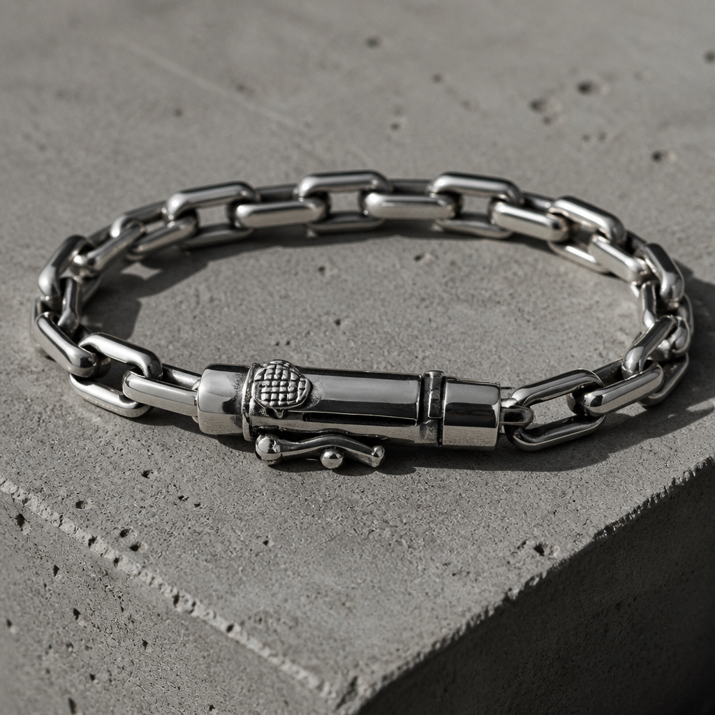 Bracelet en argent à maille carrée vu de trois quarts sur une dalle de béton