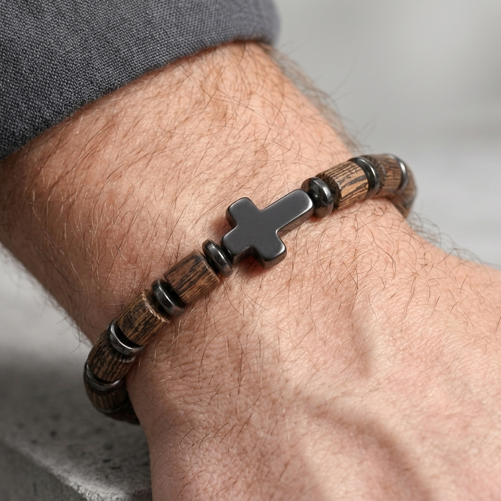 Bracelet chapelet homme porté, rang de bois posé à plat sur le poignet