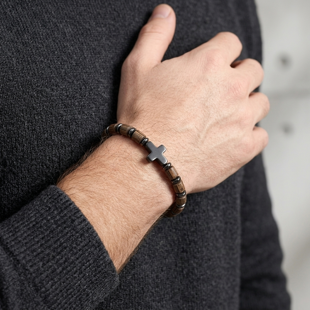Croix du bracelet tournée vers l'extérieur, main appuyée contre un pull sombre