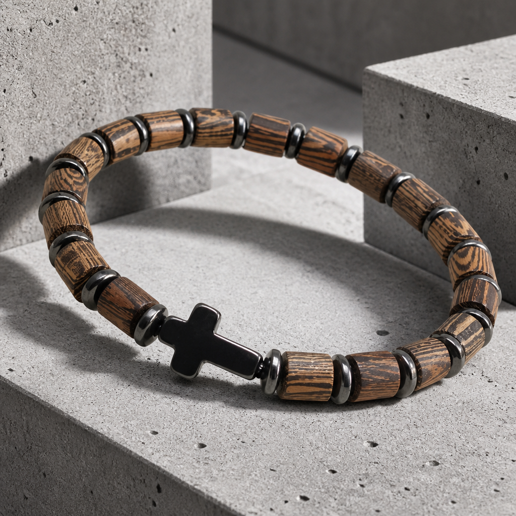 Rang de perles de bois tourné et croix noire, posé contre un bloc de béton