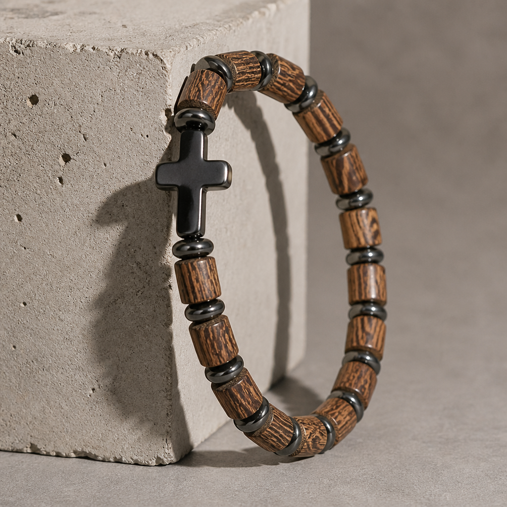 Bracelet de bois dressé contre une arête de béton, épaisseur des perles visible