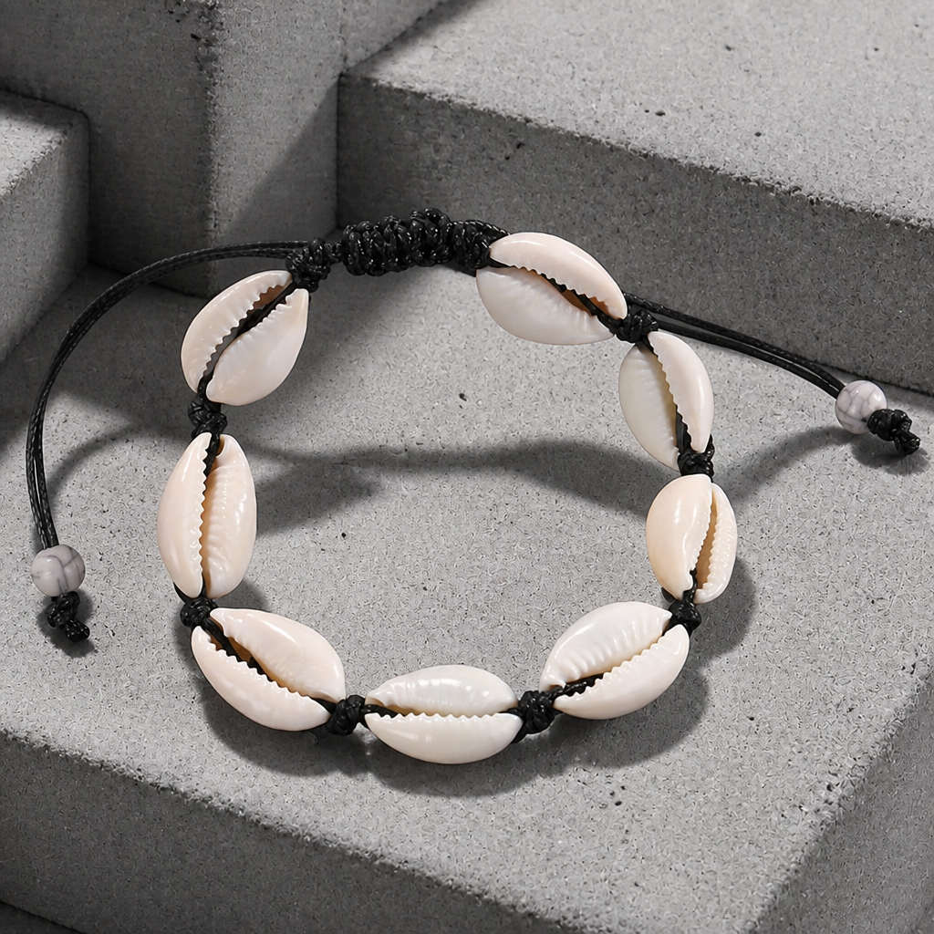 Bracelet coquillage homme en version cordon noir, coquillages crème sur béton clair