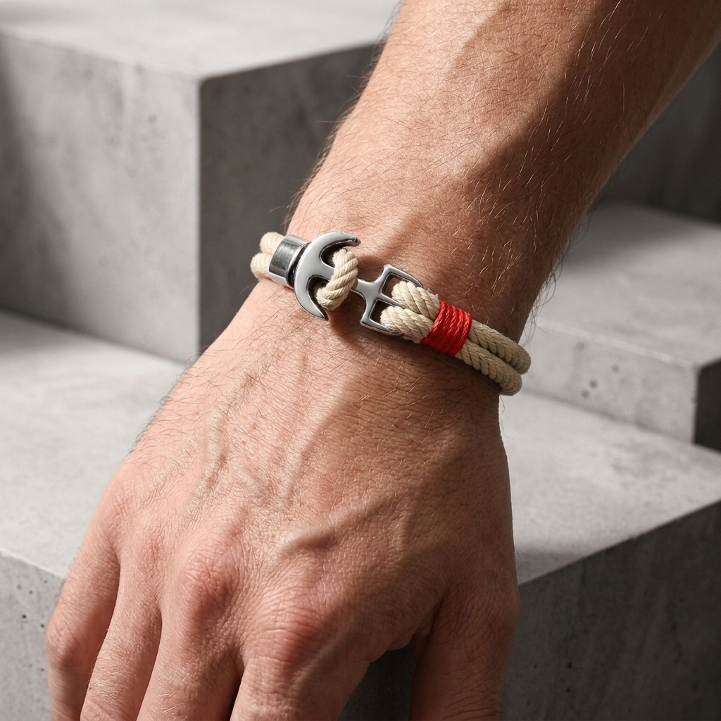 Bracelet corde homme à ancre porté au poignet, corde beige
