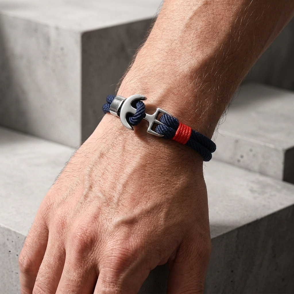 Bracelet corde homme à ancre porté au poignet, corde marine