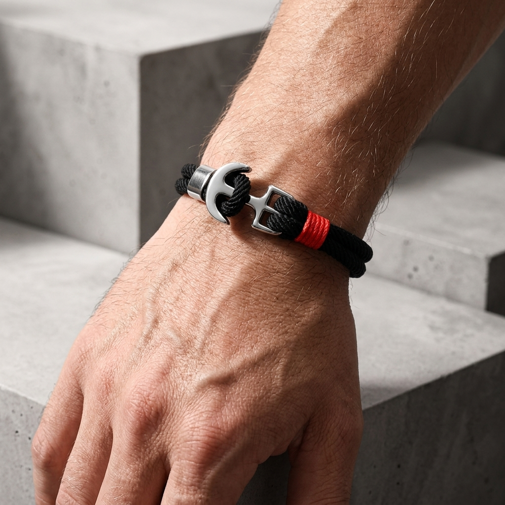 Bracelet corde homme à ancre porté au poignet, corde noire
