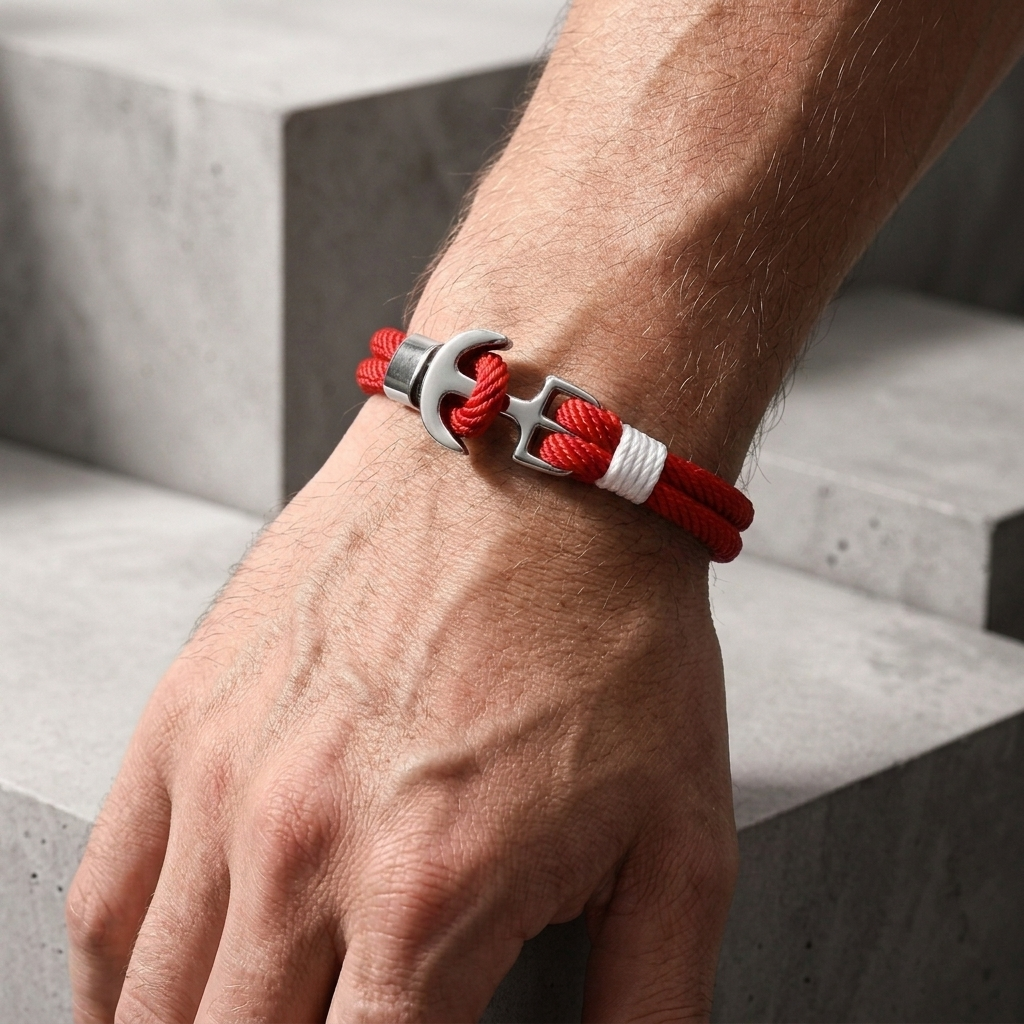 Bracelet corde homme à ancre porté au poignet, corde rouge