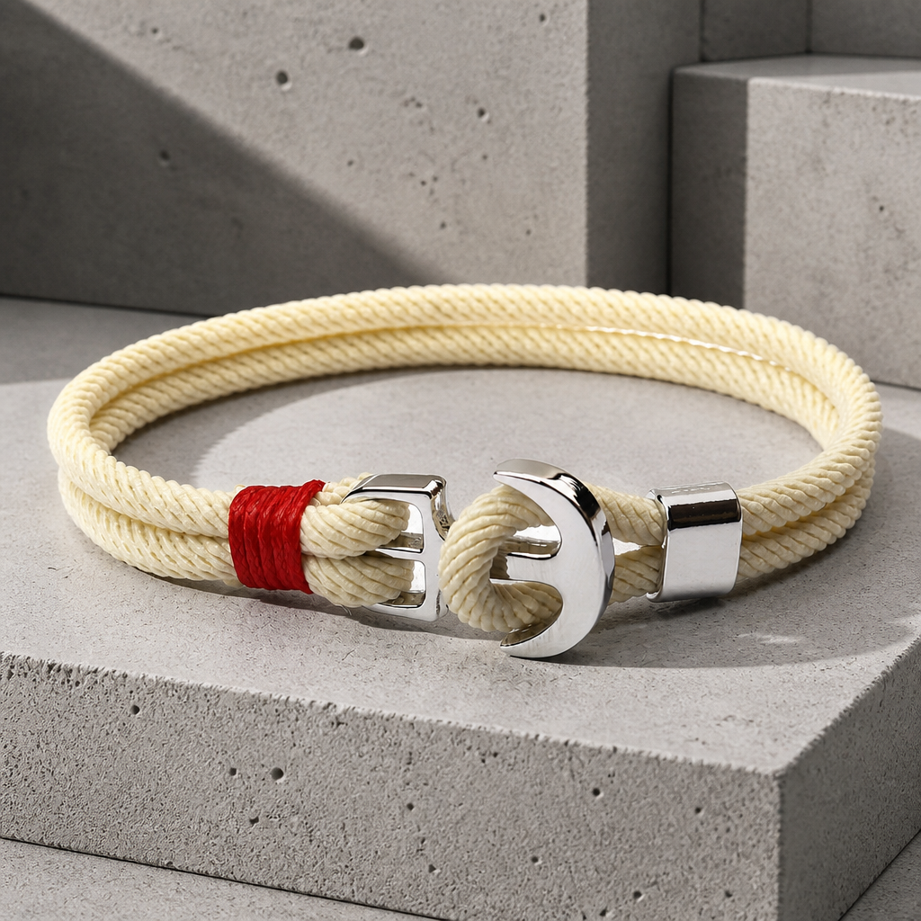 Bracelet corde homme à ancre en métal, corde Milano beige