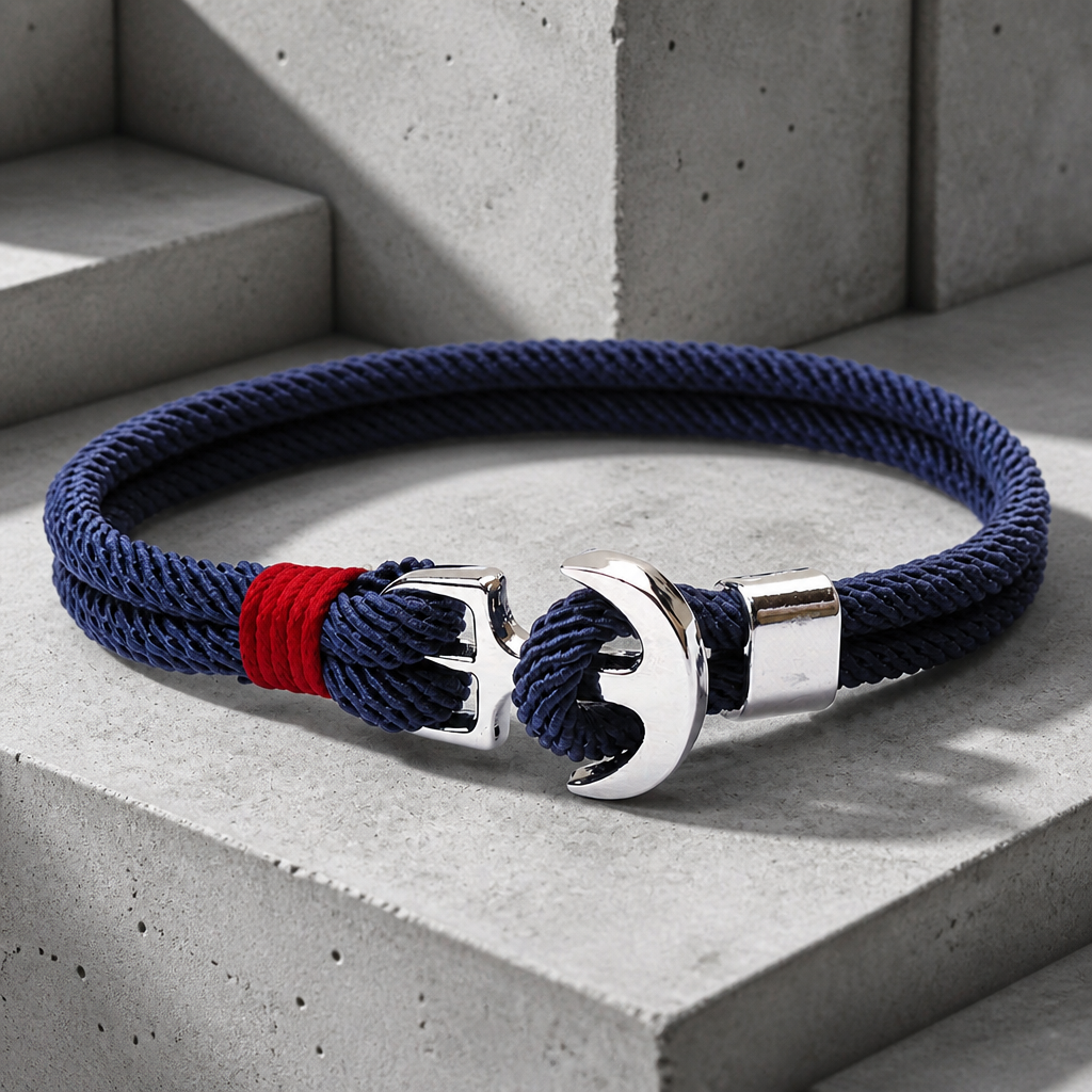 Bracelet corde homme à ancre en métal, corde Milano marine