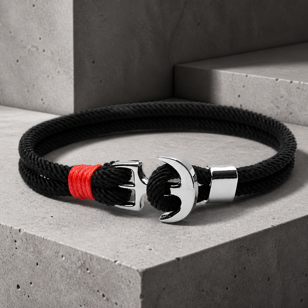 Bracelet corde homme à ancre en métal, corde Milano noire
