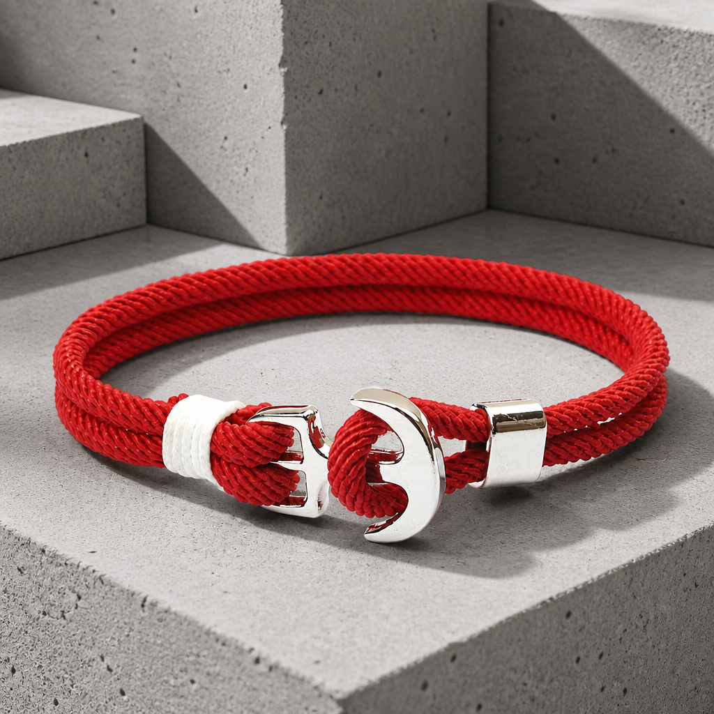 Bracelet corde homme à ancre en métal, corde Milano rouge
