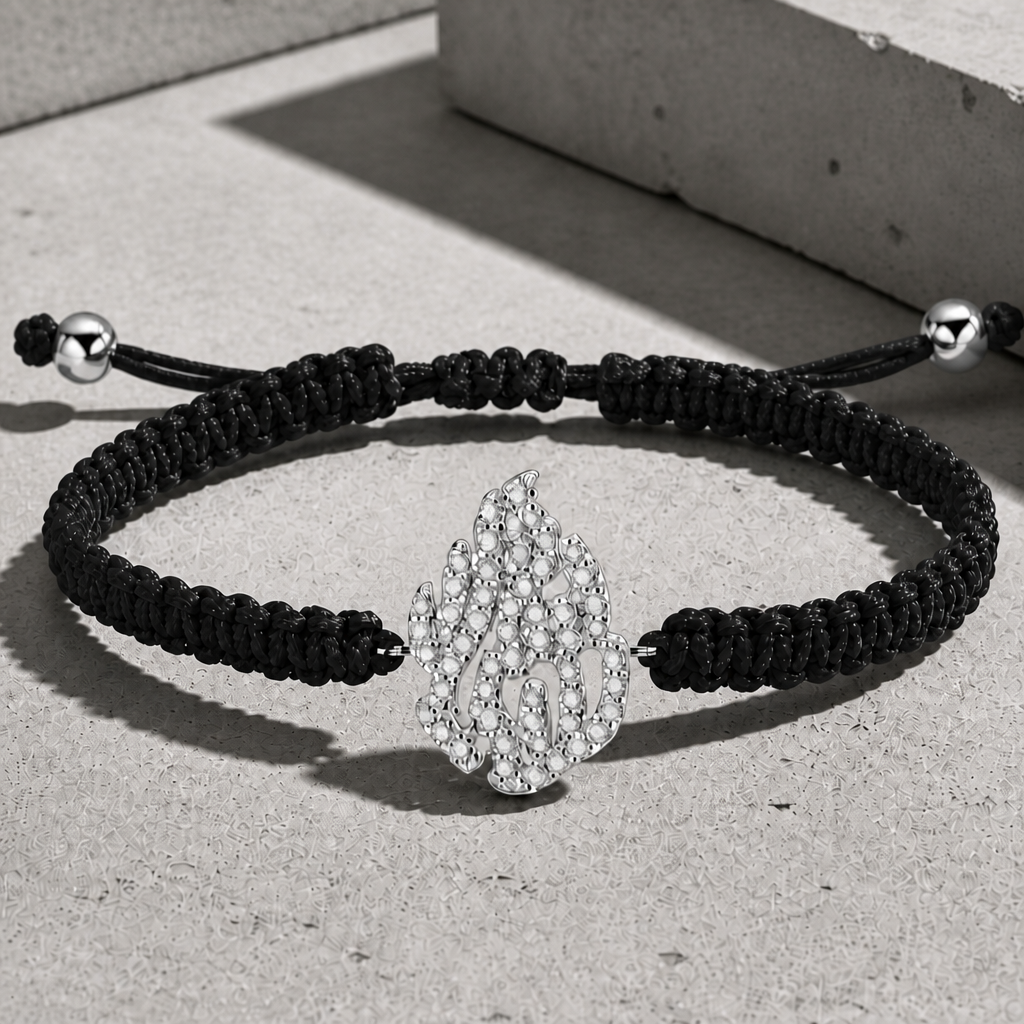 Bracelet cordon homme luxe noir à plaque pavée en argent 925