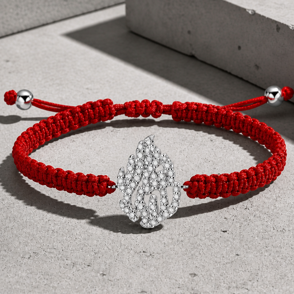 Bracelet cordon homme luxe rouge, plaque pavée en argent 925, posé sur du béton