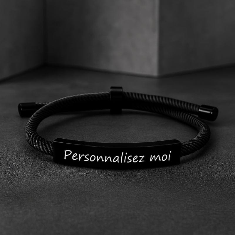 Bracelet homme à graver, cordon noir et barrette noire gravée