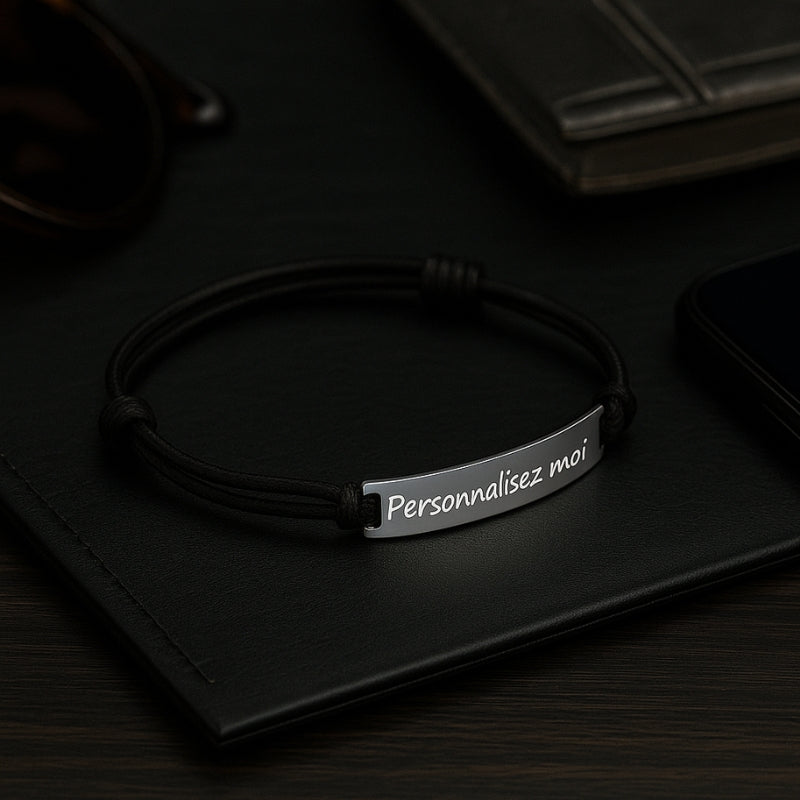 Bracelet cordon noir homme personnalisable plaque gravable acier