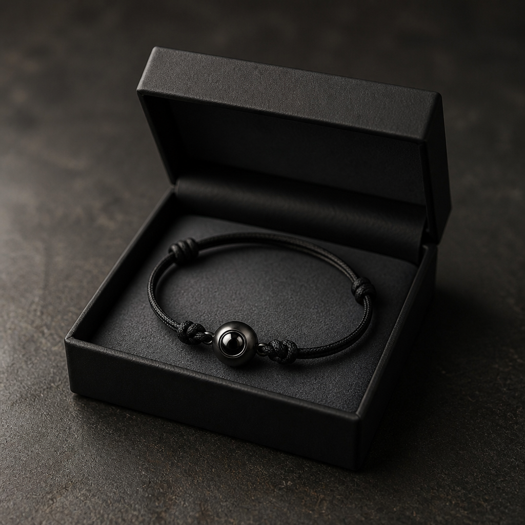Bracelet cordon photo personnalisé noir présenté dans son coffret cadeau