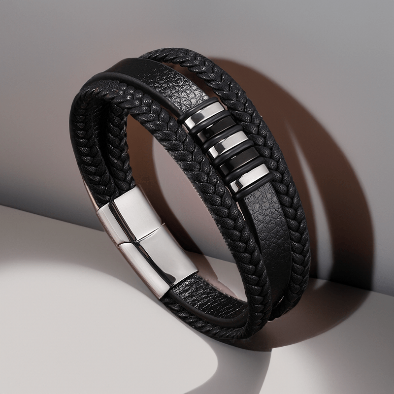 Bracelet homme cuir luxe argent et noir, cuir véritable au grain apparent et cordons tressés