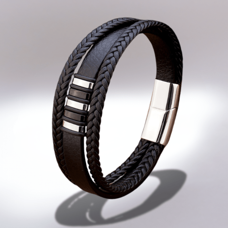 Bracelet cuir véritable homme multirang, passants et fermoir argent et noir