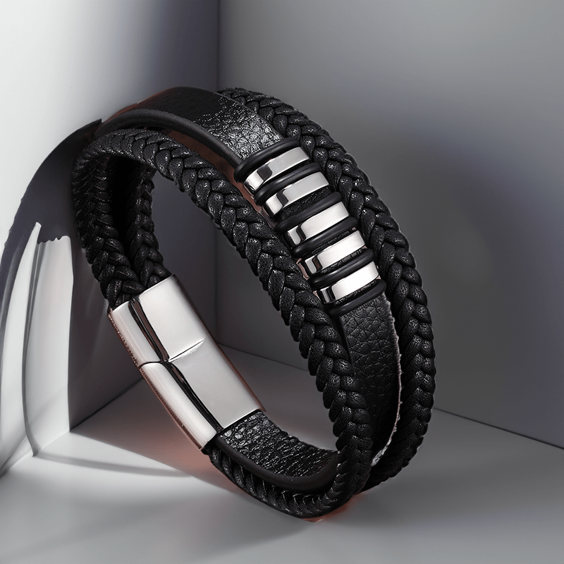 Bracelet cuir véritable homme multirang, passants et fermoir argent