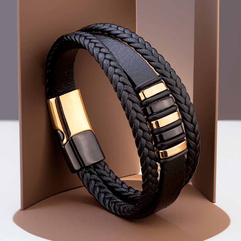 Bracelet homme cuir luxe multirang, passants et fermoir or et noir