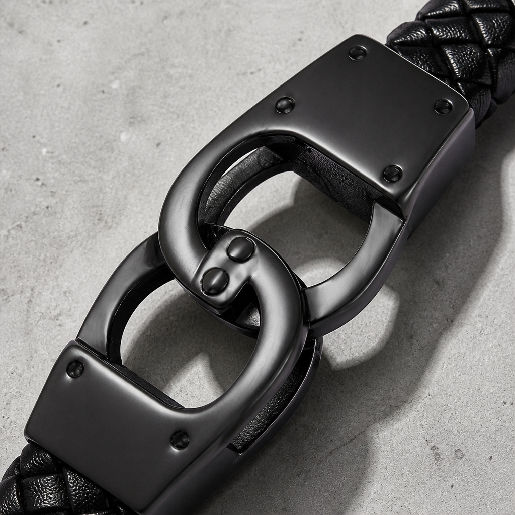 Gros plan du fermoir à anneaux entrelacés en acier du bracelet cuir homme
