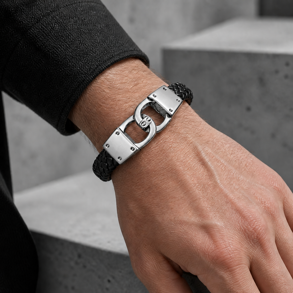 Bracelet cuir acier homme fermoir argenté porté au poignet