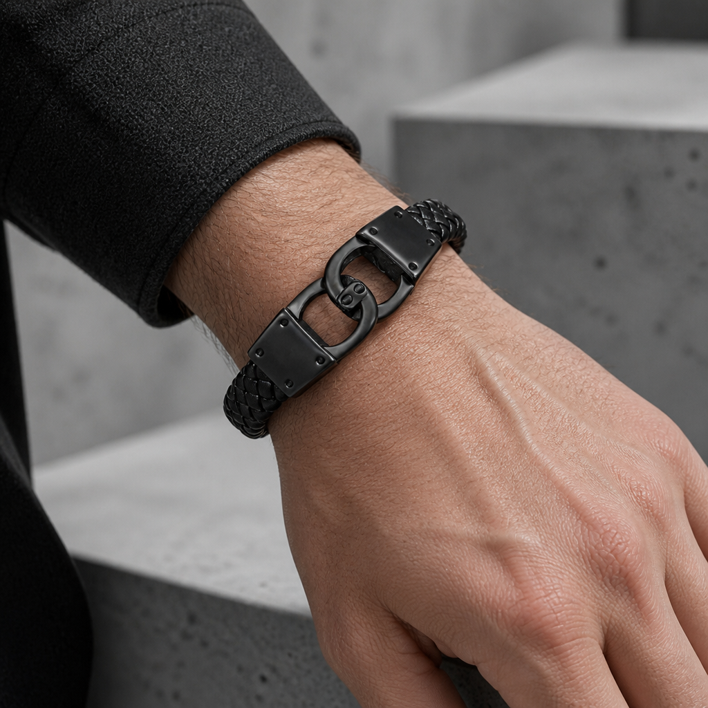 Bracelet cuir acier homme fermoir noir porté au poignet