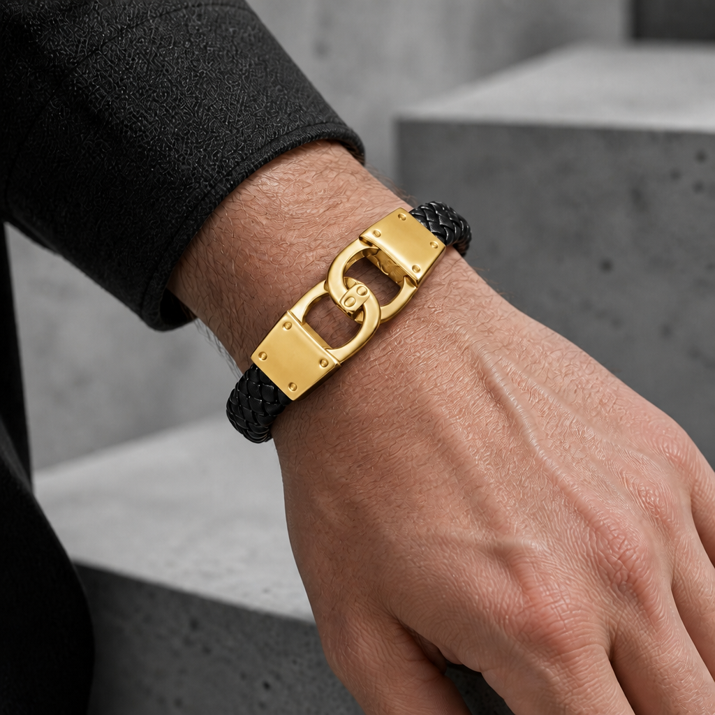 Bracelet cuir acier homme fermoir doré porté au poignet