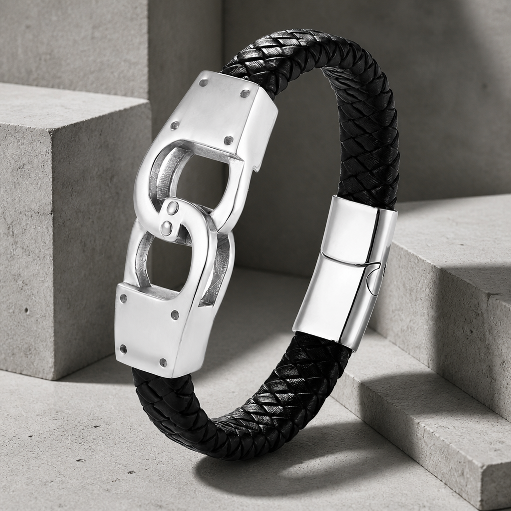 Bracelet cuir acier homme, cuir tressé noir et fermoir à anneaux argenté