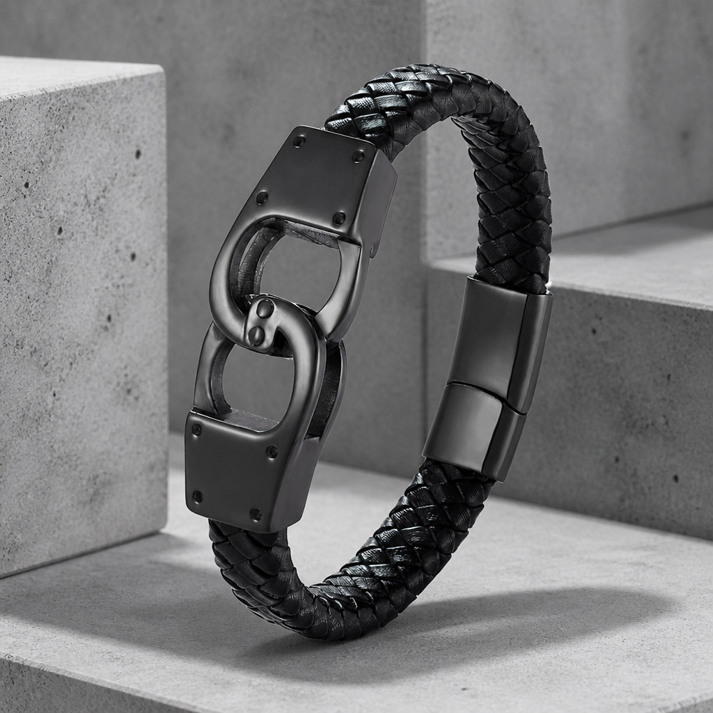 Bracelet cuir acier homme, cuir tressé noir et fermoir à anneaux noir, sur béton