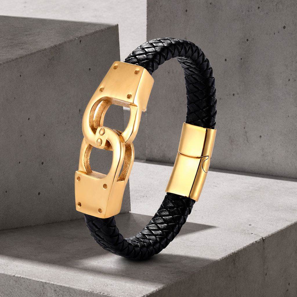 Bracelet cuir acier homme, cuir tressé noir et fermoir à anneaux doré