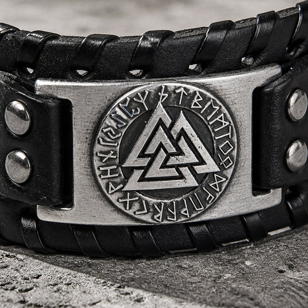 Macro du médaillon : valknut entouré d'un cercle de runes, quatre rivets