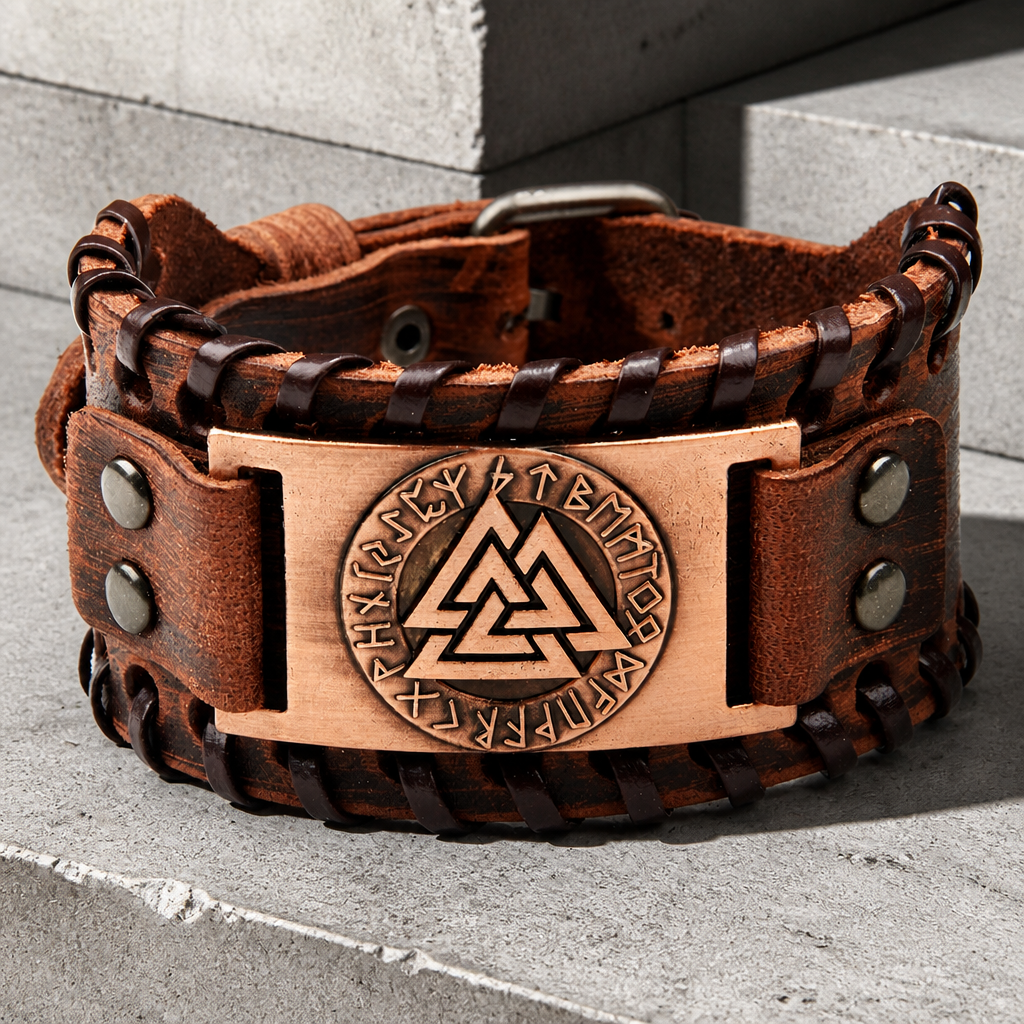 Bracelet cuir homme artisanal marron, médaillon cuivré rivé sur cuir de vachette