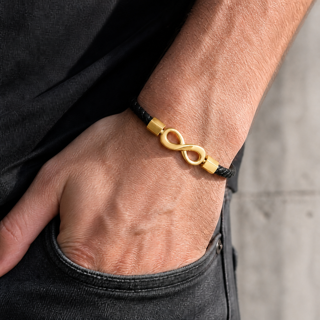 Bracelet cuir infini doré porté au poignet d'un homme