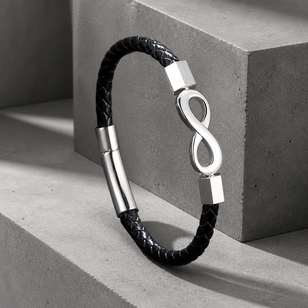 Bracelet cuir homme infini, signe de l'infini argenté en acier sur cordon noir
