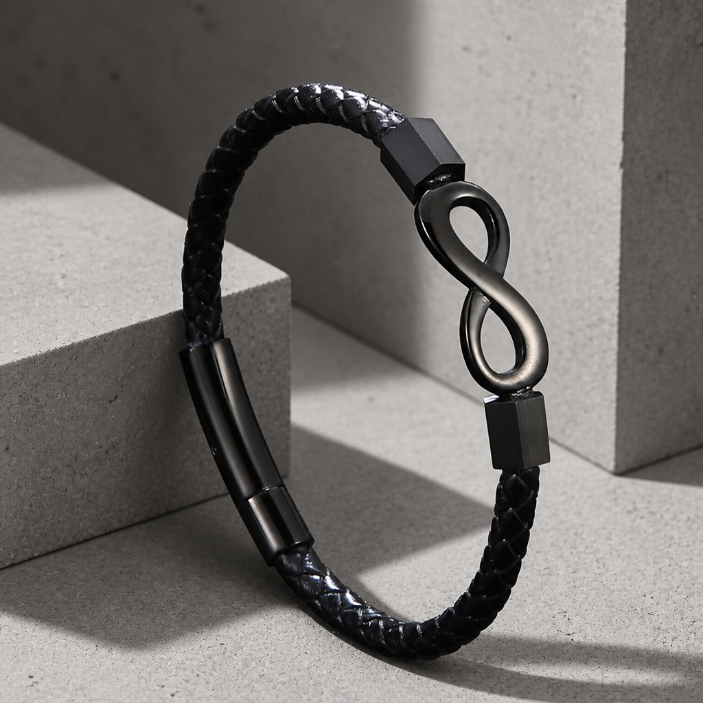 Bracelet cuir homme infini, huit noir mat en acier sur cordon tressé