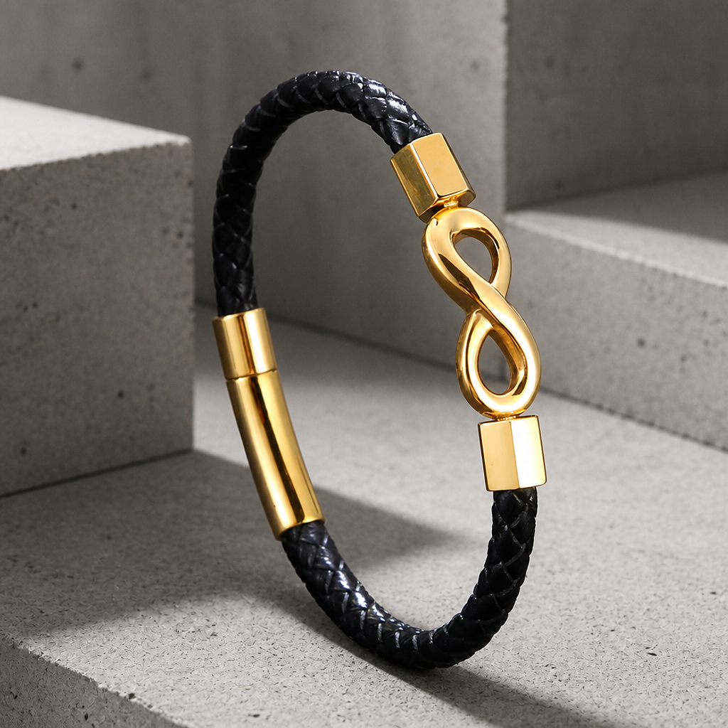 Bracelet cuir homme infini, cordon noir tressé et huit doré en acier