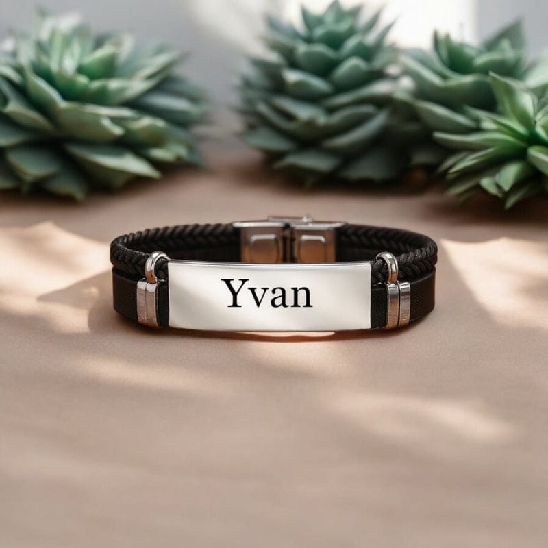 Bracelet homme personnalisé en acier inoxydable, plaque argent gravée