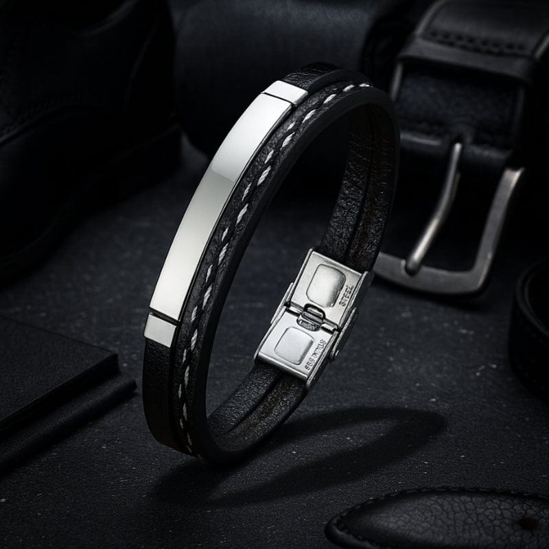 Bracelet cuir homme personnalisé noir avec plaque acier argentée à graver