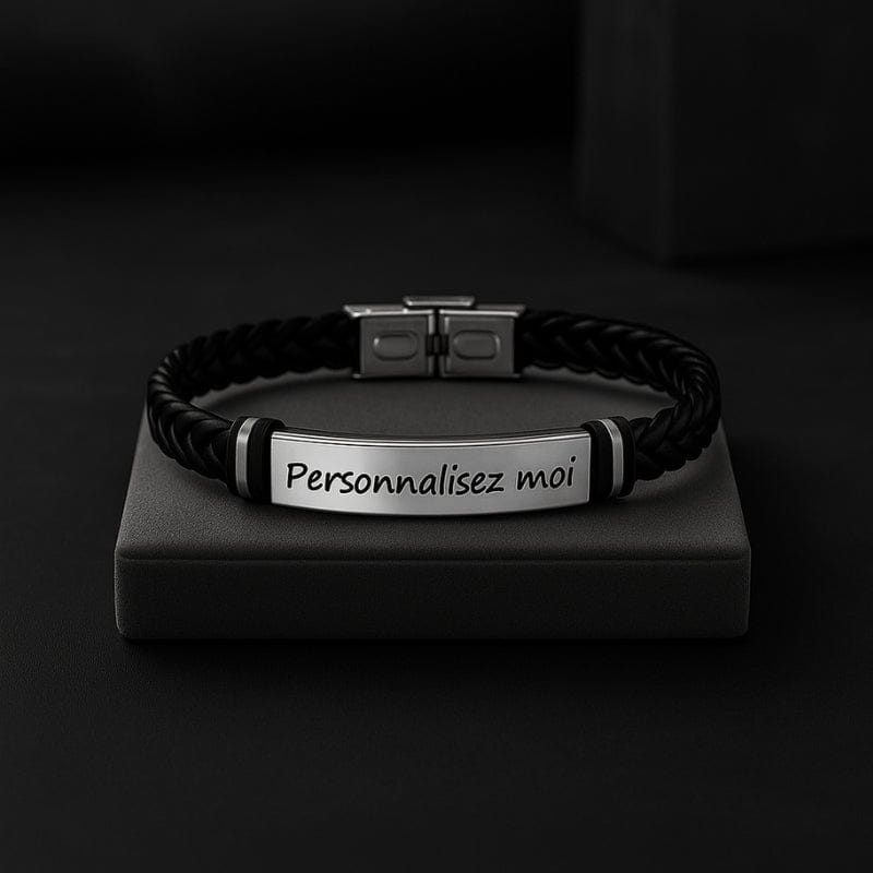 Bracelet homme personnalisé tressé en similicuir noir, plaque acier à graver