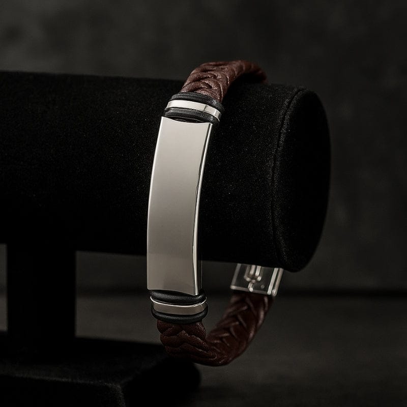 Bracelet homme gravé, cordon tressé marron et plaque bombée en acier