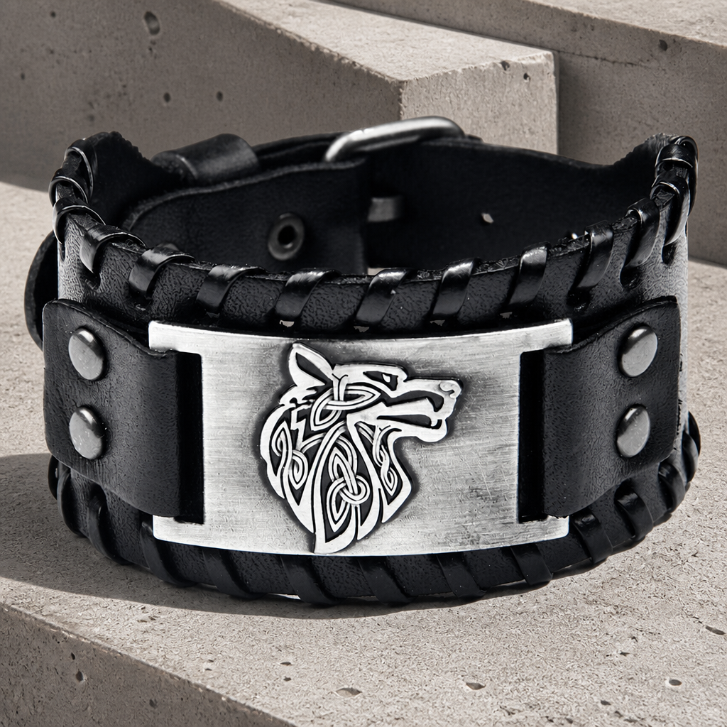 Bracelet cuir homme viking en cuir noir, plaque argentée à tête de loup