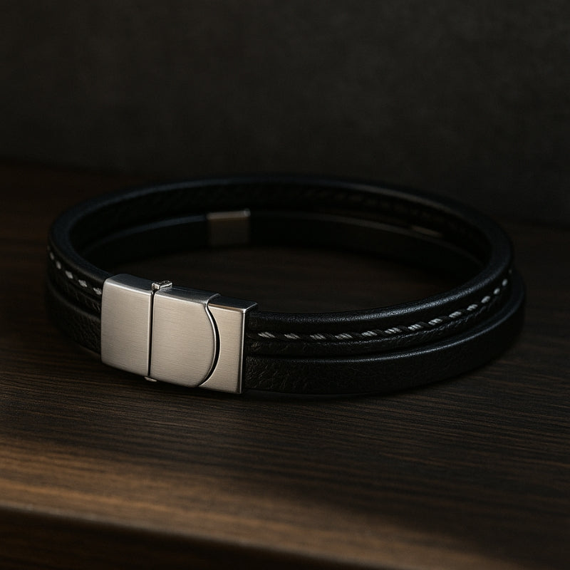 Bracelet cuir noir acier fermoir magnétique personnalisé homme style élégant LBDH