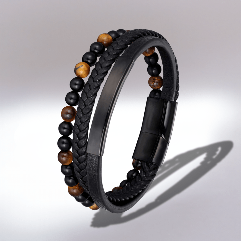 Bracelet noir homme en cuir et perles d'œil de tigre, plaque en acier noir