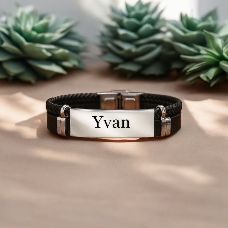 Bracelet homme cuir acier inoxydable  gravure prénom gratuite