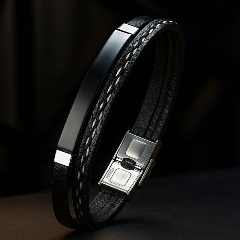 Bracelet cuir tressé acier personnalisable homme noir fermoir magnétique qualité LBDH