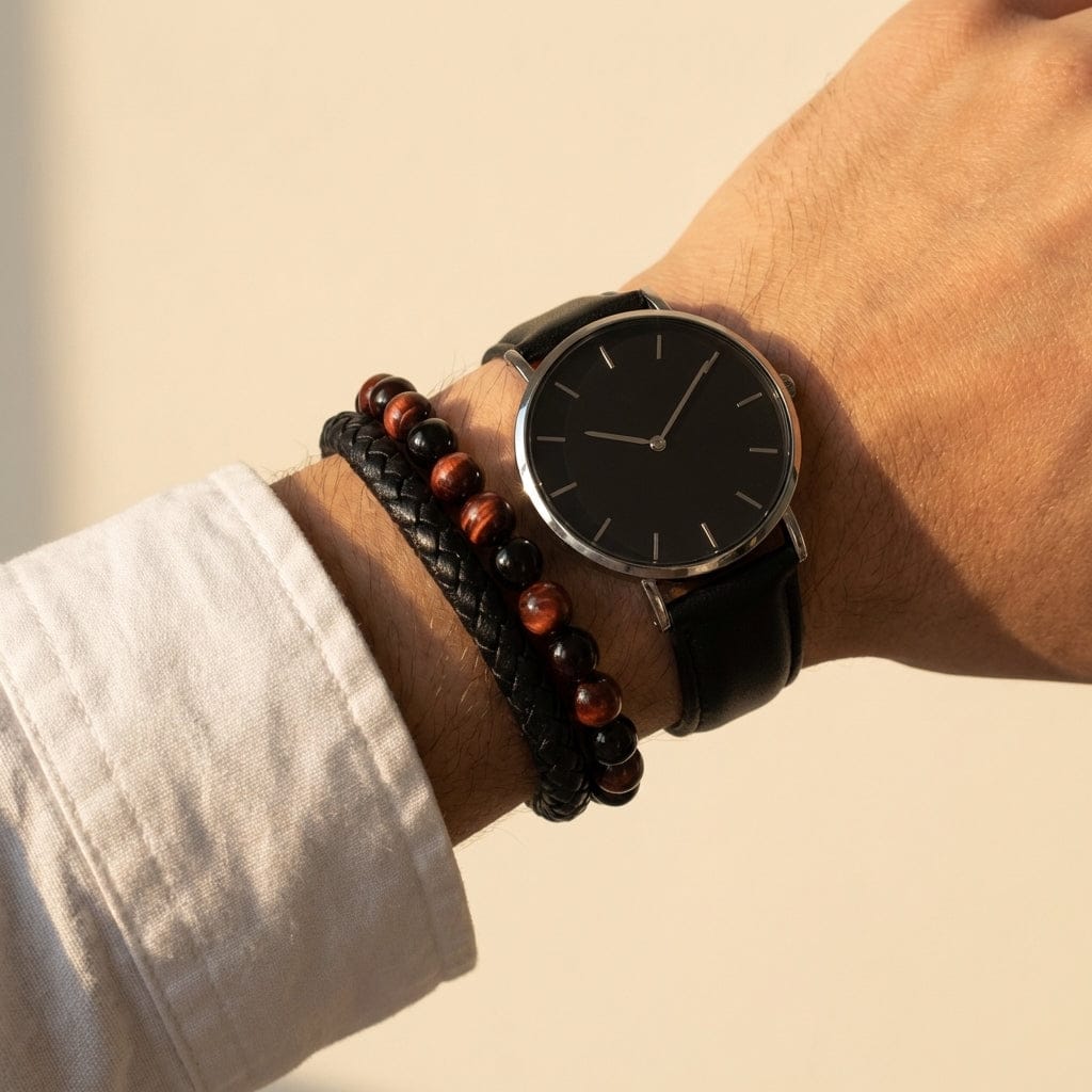 Bracelet homme perles d'œil de taureau porté avec une montre au poignet