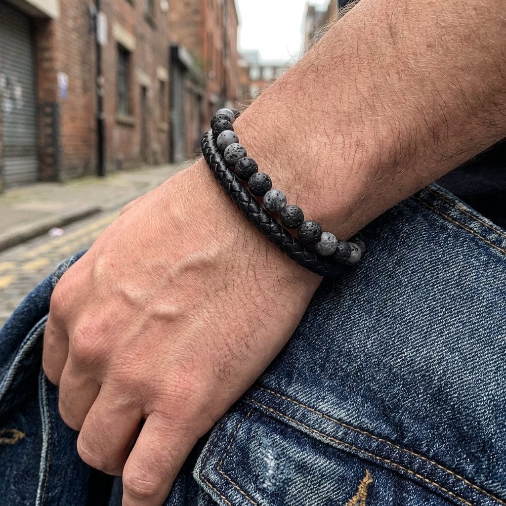 Bracelet homme perles de pierre de lave et cuir tressé porté au poignet
